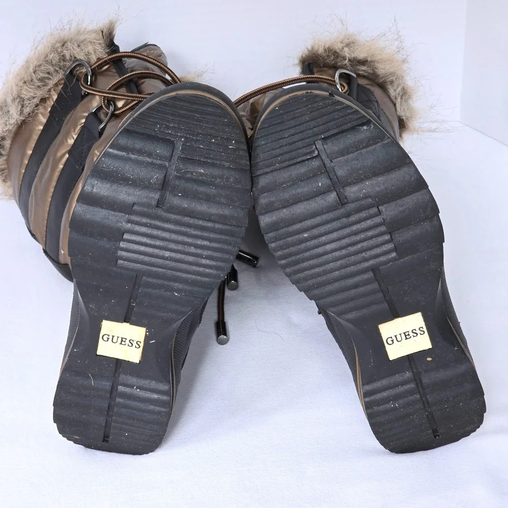 GUESS Hadly Womens Size 7M Tall Winter Boots Bronze Black Faux Fur Lace Up